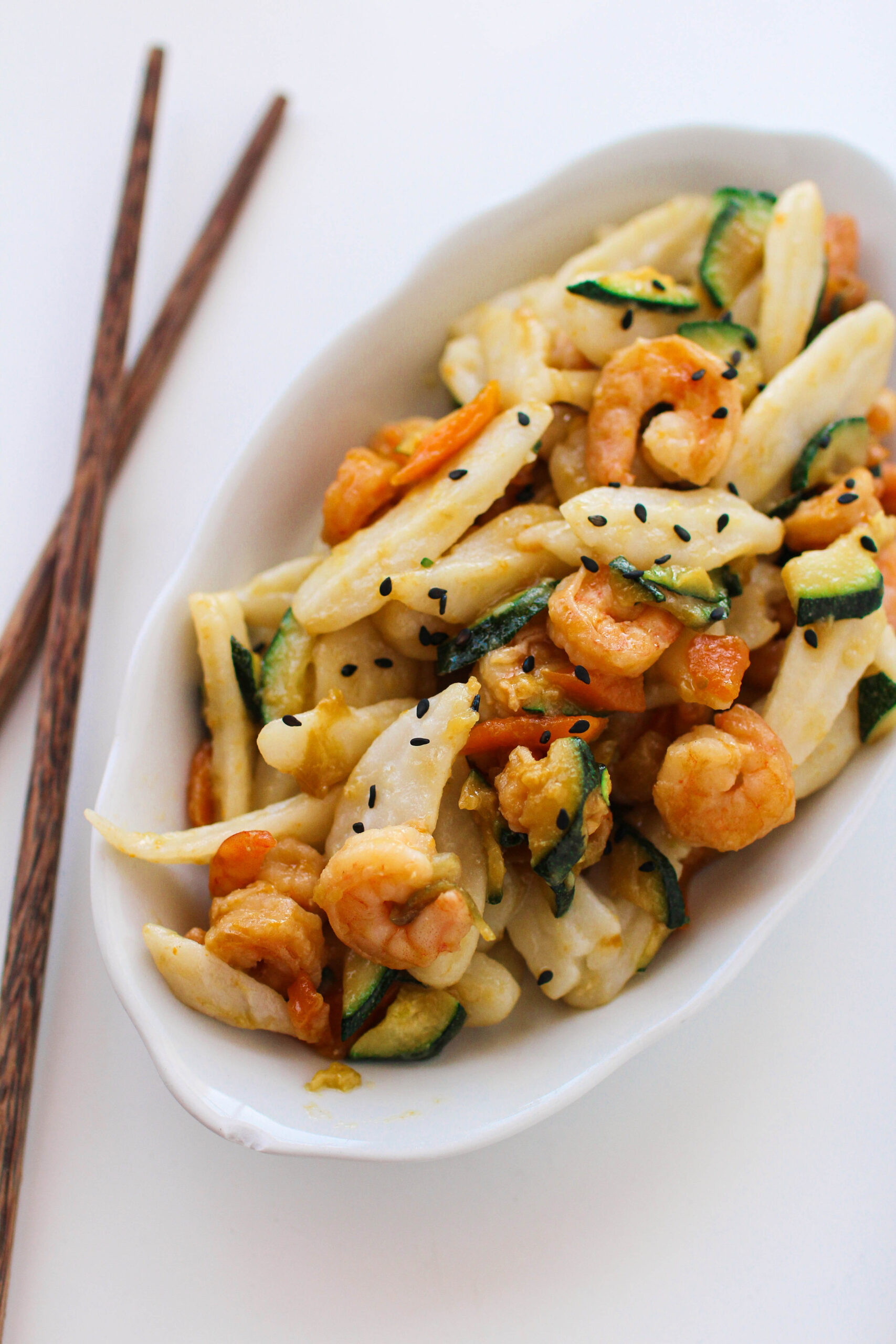 Gnocchi di riso con verdure e mazzancolle